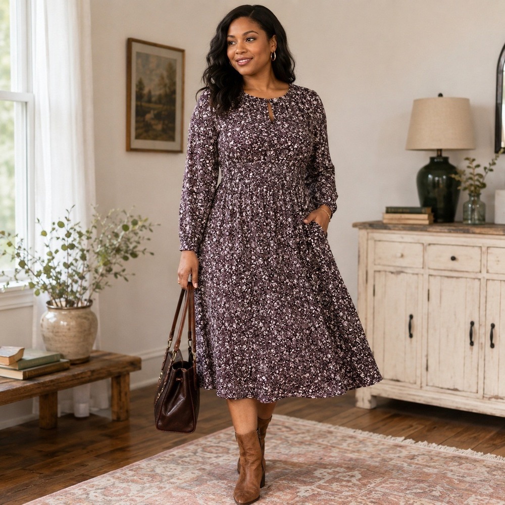 Women Dress Plum Purple Floral Ruffle Neck Long Sleeve Midi Size 6